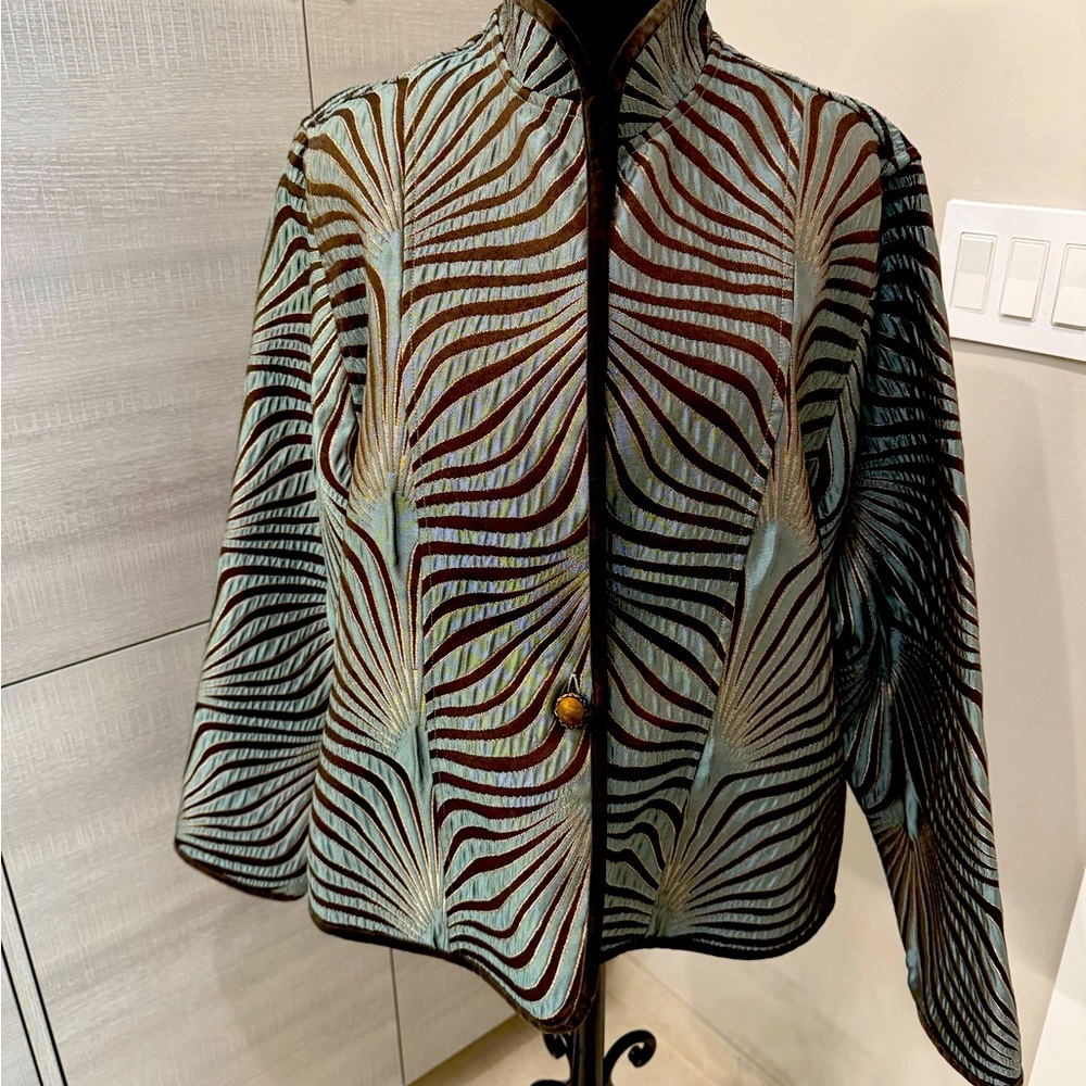 Boutique Elegant brown, teal with brown shiny thread. Women's Jacket size Large